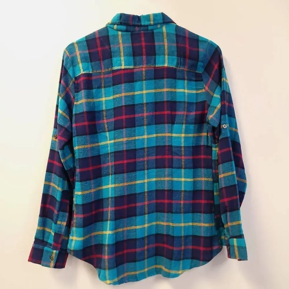 Overdrive Plaid Flannel Shirt Button Down Women's Size Small Roll Tab Sleeve - Picture 3 of 6